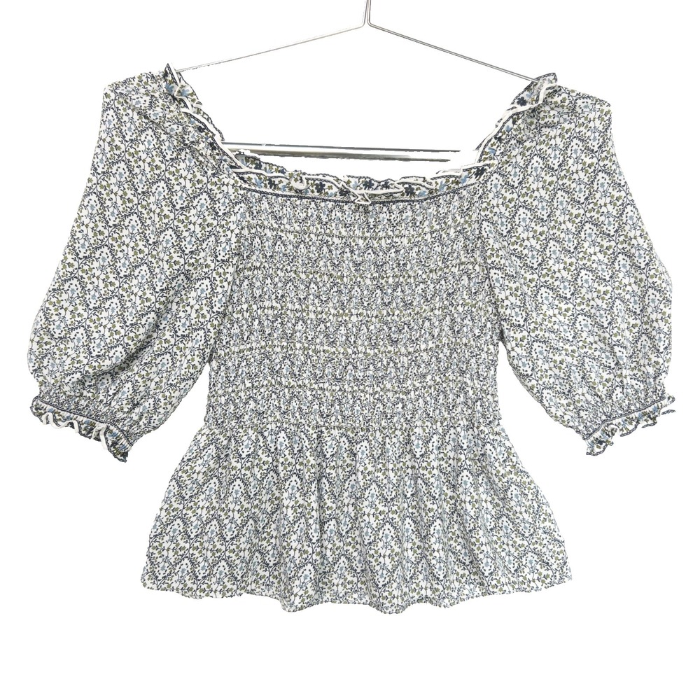 Max Studio Peplum Cottage Off Shoulder Smocked Ruffle Trim Ditsy Top Womens XL